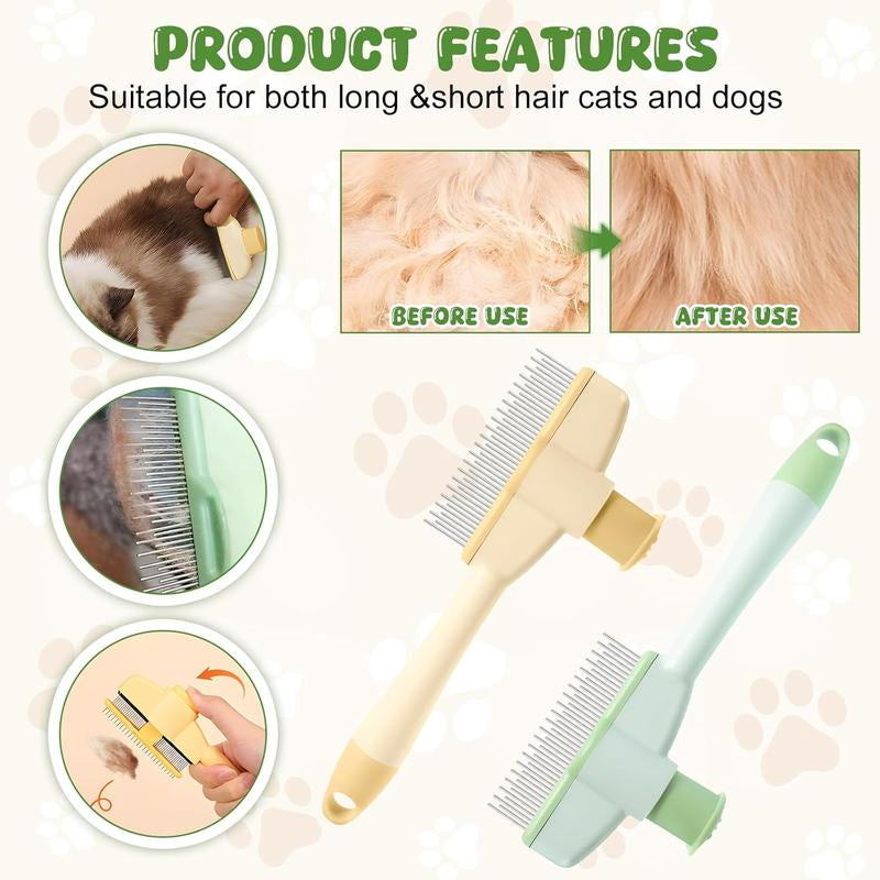 2-Pack Pet Hair Removal Comb & Flea Comb with Release Button for Cats & Dogs - Grooming Brush for Short/Long Hair Green & Yellow