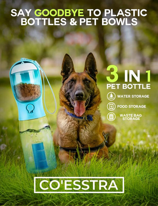 3In1 Pet Water Bottle - Portable 20Oz Leak Proof Container with Poop Bag Dispenser, Ideal for Travel, Hiking, and Outdoor Use