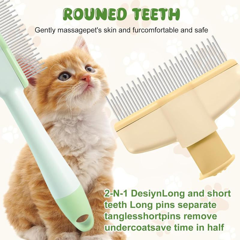 2-Pack Pet Hair Removal Comb & Flea Comb with Release Button for Cats & Dogs - Grooming Brush for Short/Long Hair Green & Yellow