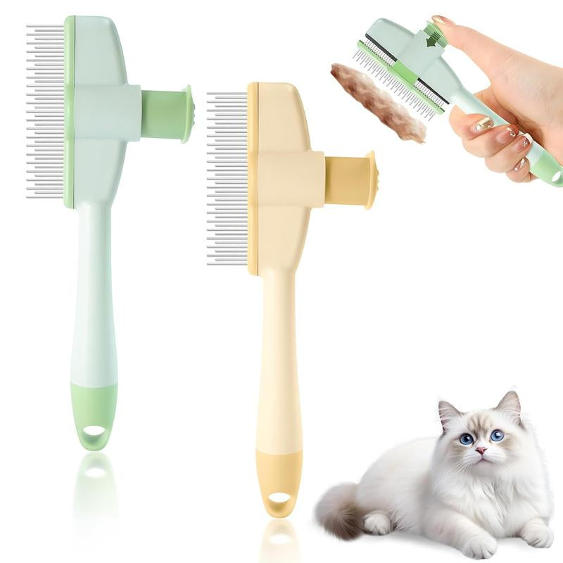 2-Pack Pet Hair Removal Comb & Flea Comb with Release Button for Cats & Dogs - Grooming Brush for Short/Long Hair Green & Yellow