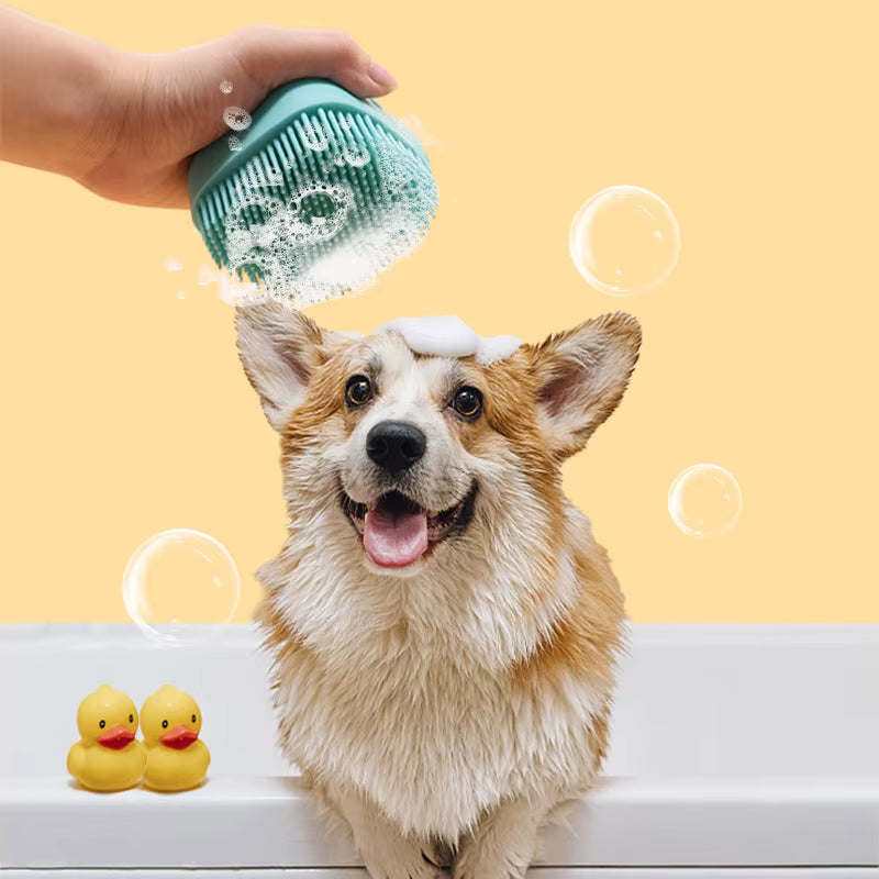 Soft Silicone Pet Cat Dog Grooming Massage Shampoo Bath Brush with Shampoo Container